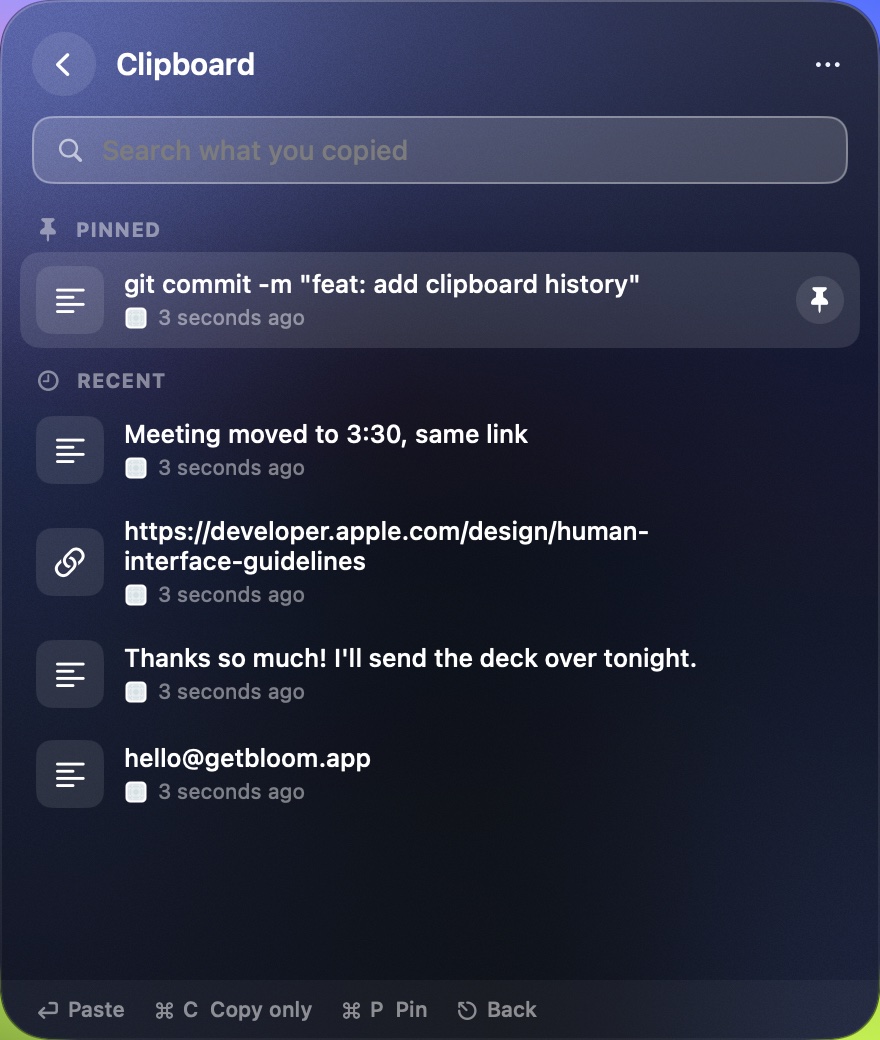 Bloom's Clipboard view with pinned and recent items