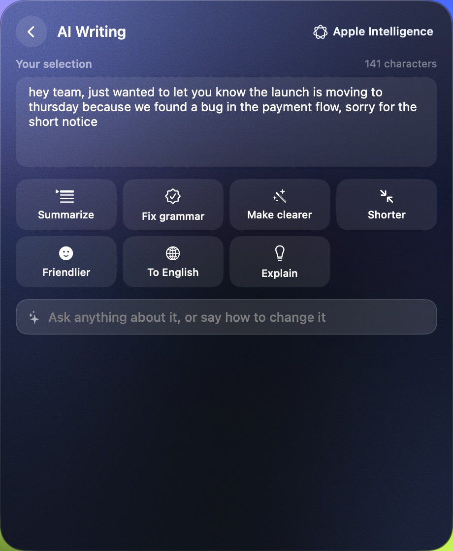 Bloom's AI Writing view with one-tap tasks