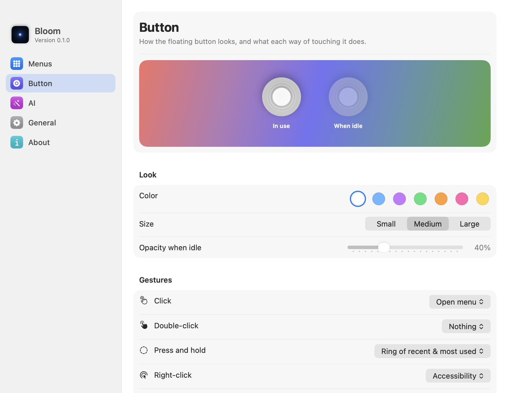 Bloom's Button settings: a live preview, colors, size, idle opacity and gestures