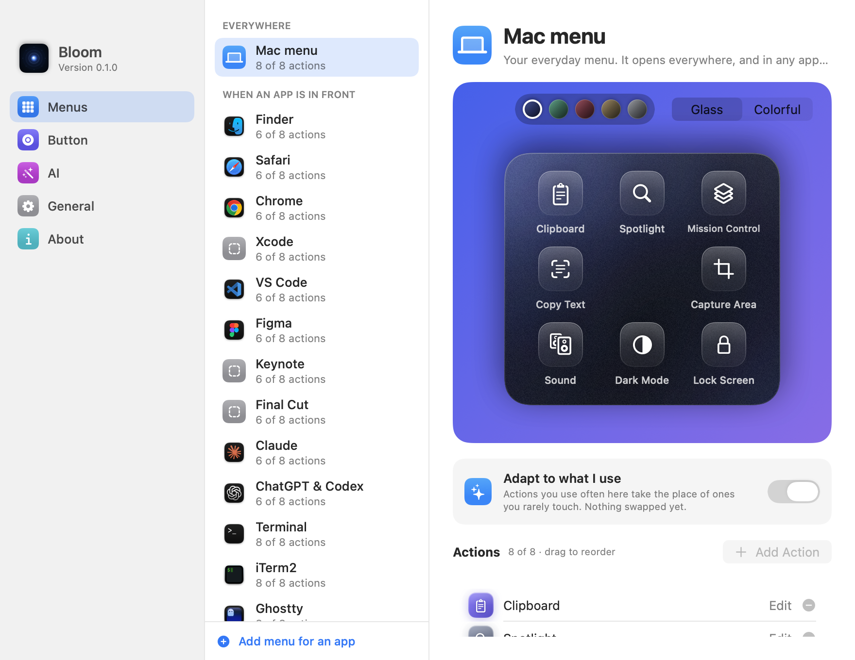 Bloom's Menus settings with a live, editable preview of the Mac menu